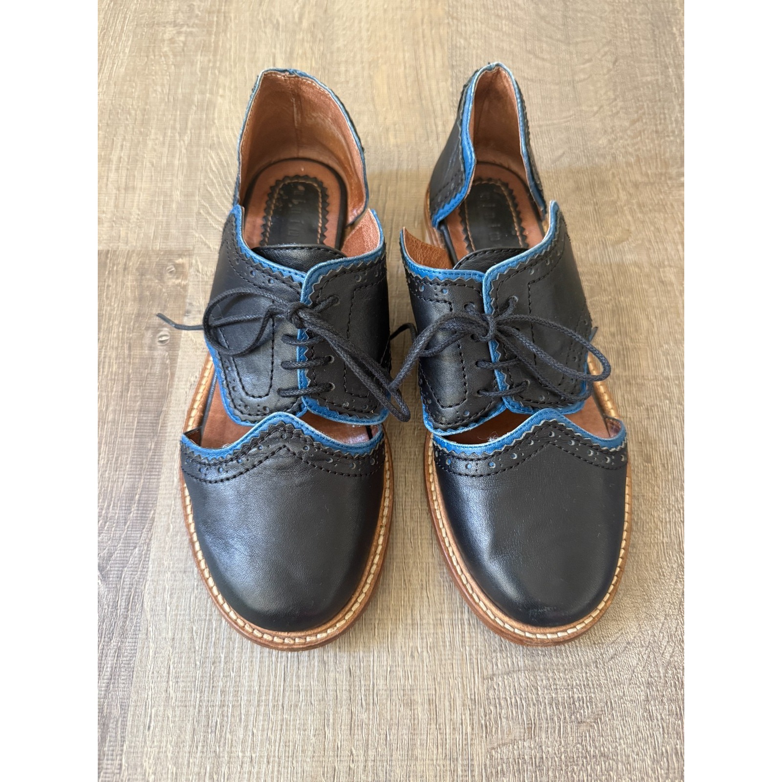 Mini Market Black Blue Trim Leather Cutout Oxford Shoes Women 7.5 Eu 38 Portugal